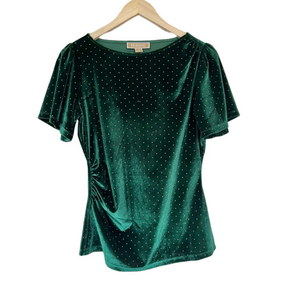 Michael Kors Dark Green Gold Studded Velvet Short Ruffle Sleeve Ruched Blouse